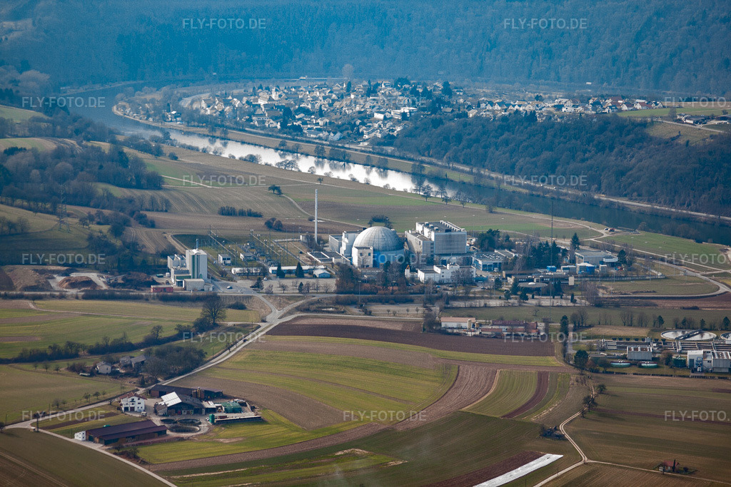 Luftbild: KKW Obrigheim - noch am Netz in Obrigheim im Bundesland Baden-Württemberg in Deutschland. Foto: IMG_38145.jpg vom 12.03.2011 durch Werner Riehm/FLY-FOTO.de