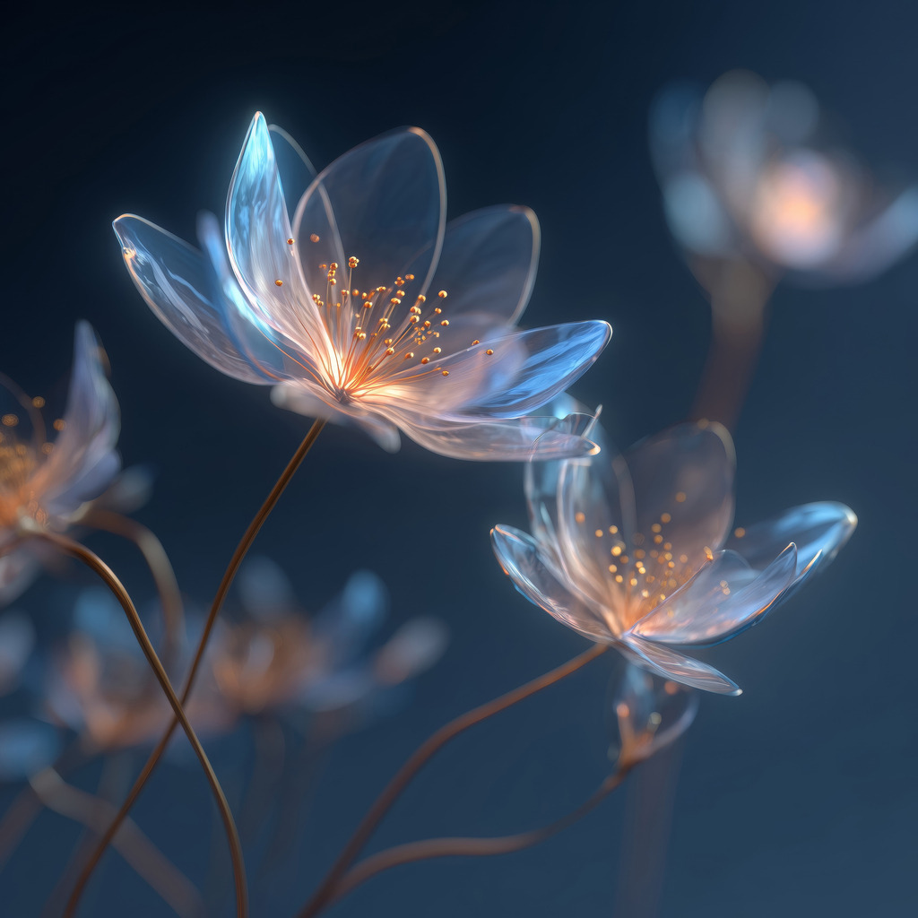 2602050 - Lichtblüten im Abendblau | Das Bild zeigt mehrere zarte, stilisierte Blüten in einer dunklen, stimmungsvollen Umgebung. Die Blumen wirken fast durchsichtig, wie aus Glas oder feinem Kristall gefertigt..
