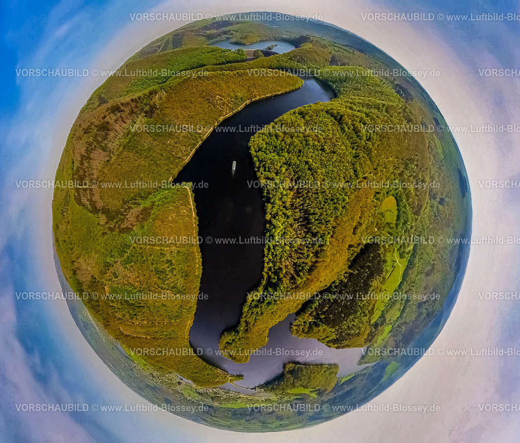 Simmerath24059014Obersee_RurSee | Luftbild, Erdkugel, Fisheye Aufnahme, Fischaugen Aufnahme, 360 Grad Aufnahme, tiny world, little planet, fisheye Bild, Fluss Rur und Obersee Rursee im Waldgebiet, Ausflugsschiff, Nordeifel Nationalpark Eifel, Rurberg, Simmerath, Nordrhein-Westfalen, Deutschland