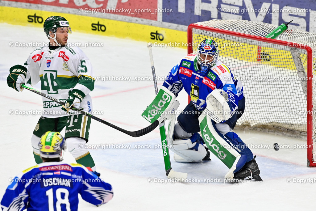 EC IDM WÄRMEPUMPEN VSV vs. FTC-TELEKOM JÉGKORONG | #15 Maxim Trépanier FTC-Telekom, #35 Joe Cannata EC VSV, EC IDM WÄRMEPUMPEN VSV vs. FTC-TELEKOM JÉGKORONG, EC IDM WÄRMEPUMPEN VSV vs. FTC-TELEKOM JÉGKORONG am 19.10.2025 in Villach (Stadthalle Villach), Austria, (Photo by Bernd Stefan)