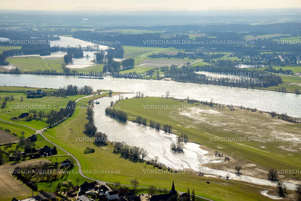 Wesel240311850 | Luftbild, Fluss Rhein und Rheinaue Bislich Vahnum mit Altrhein, Ortsansicht Bislich, Bislich, Wesel, Nordrhein-Westfalen, Deutschland