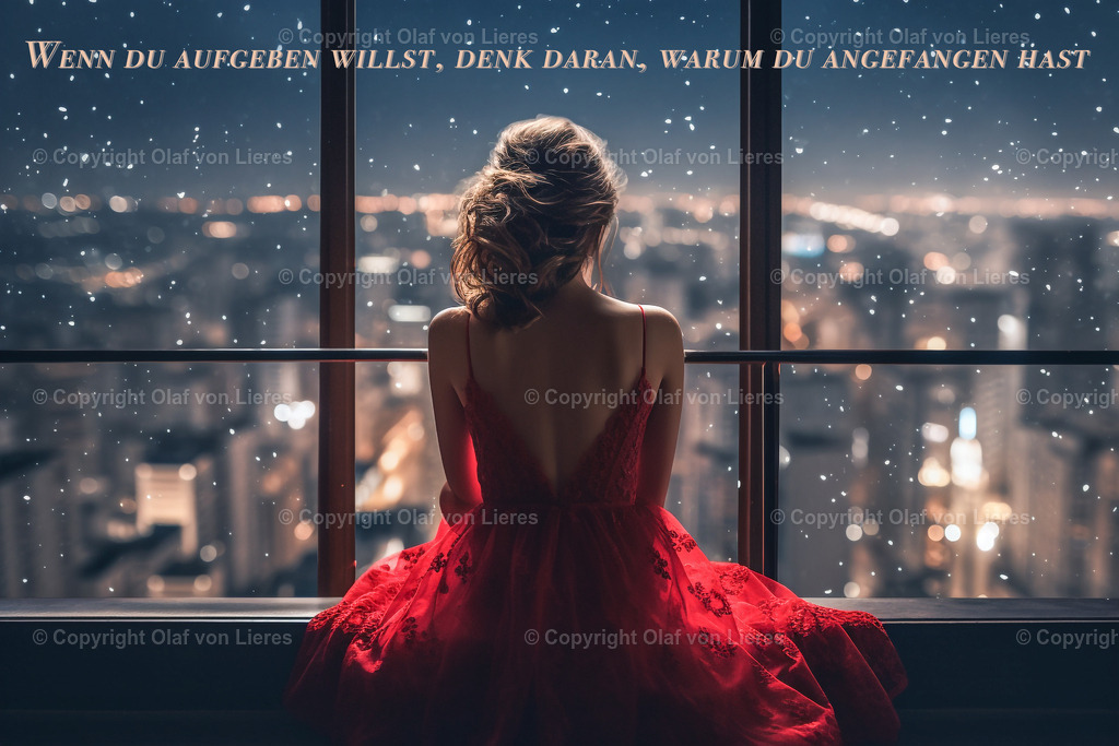 Wandbild Frau am Fenster | Wandbild verträumte Frau im roten Kleid am Fenster