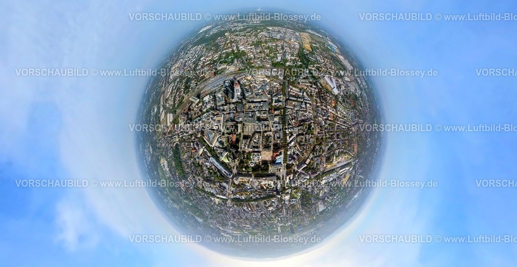 Dortmund231090064City | Luftbild, City Innenstadtansicht, Hauptbahnhof, Erdkugel, Fisheye Aufnahme, Fischaugen Aufnahme, 360 Grad Aufnahme, tiny world, City, Dortmund, Ruhrgebiet, Nordrhein-Westfalen, Deutschland