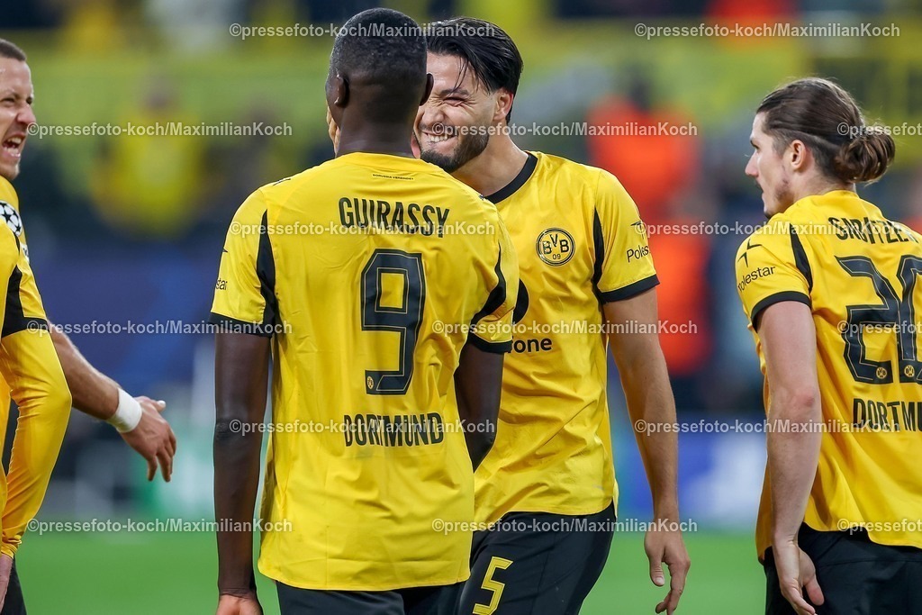 UCL01102501238 | 01.10.2025, Fußball, UEFA Champions League, Borussia Dortmund - Athletic Club Bilbao, BVB Stadion, 2. Spieltag, Saison 2025 2026: Torjubel nach dem Tor zum 3:1 durch Torschütze Serhou Guirassy (BVB #09) und Marcel Sabitzer (BVB #20)  zusammen mit   Regulations prohibit any use of photographs as image sequences and or quasi-video.