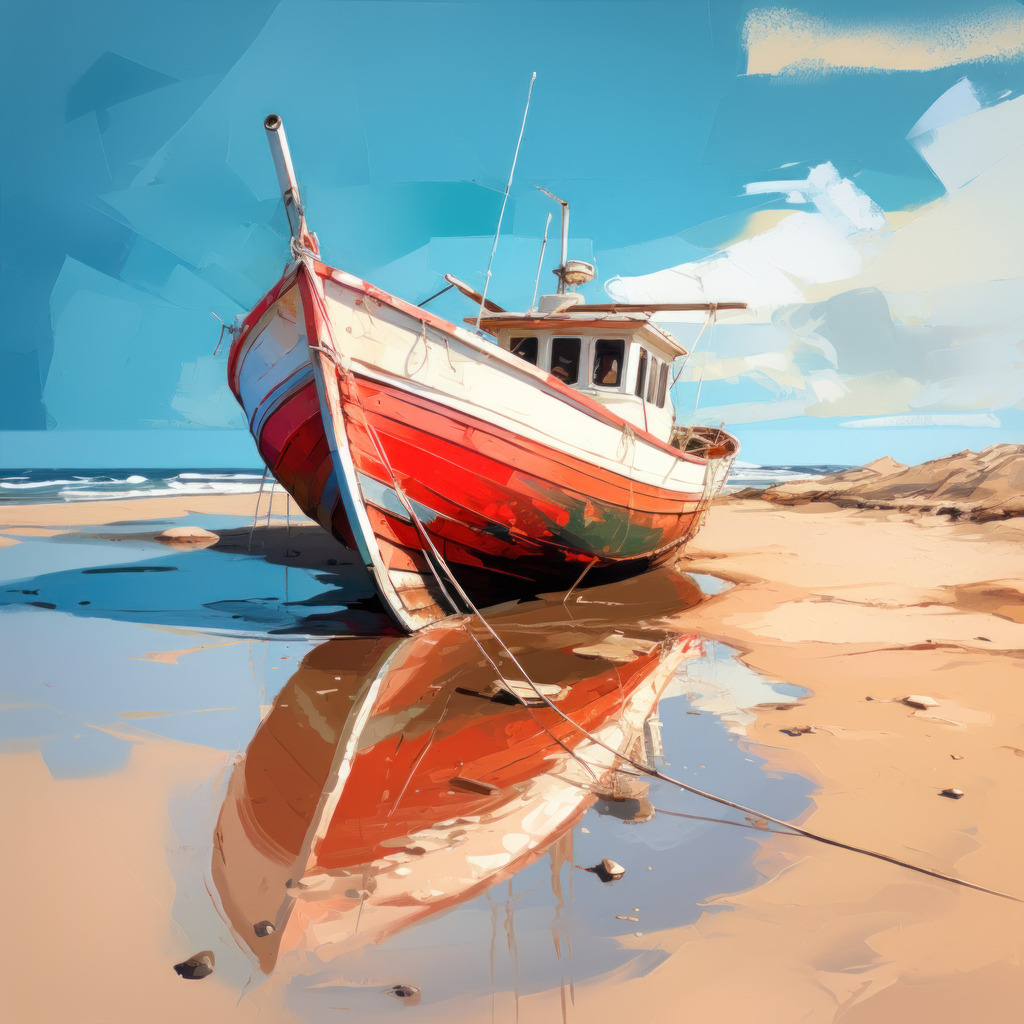 2307246 - Fischerboot am Strand | Bestellen Sie dieses digitale Gemälde eines Fischerbootes am Strand als hochwertigen Kunstruck auf Leinwand, Acrylglas, Alu-Dibond oder als Poster.