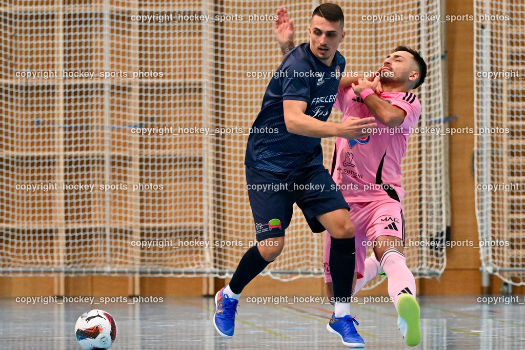Carinthia Flamengo Futsal Club vs. LPSV-K | #5 Amir Beganovic LPSV-K, #70 Yosifov Svetlozar Angelov Carinthia Flamengo, Carinthia Flamengo Futsal Club vs. LPSV-K, Carinthia Flamengo Futsal Club vs. LPSV-K am 03.11.2024 in Klagenfurt (Ballspielhalle Viktring), Austria, (Photo by Bernd Stefan)