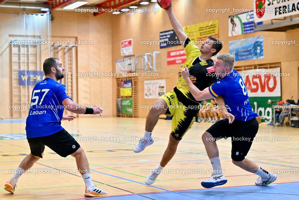 SC Ferlach vs. Bregenz Handball | #57 LEBAN Patrik SC Ferlach, #6 MAHR Markus Bregenz Handball, #8 KNAPP Simon SC Ferlach, SC Ferlach vs. Bregenz Handball, SC Ferlach vs. Bregenz Handball am 28.09.2024 in Ferlach (Ballspielhalle Ferlach), Austria, (Photo by Bernd Stefan)