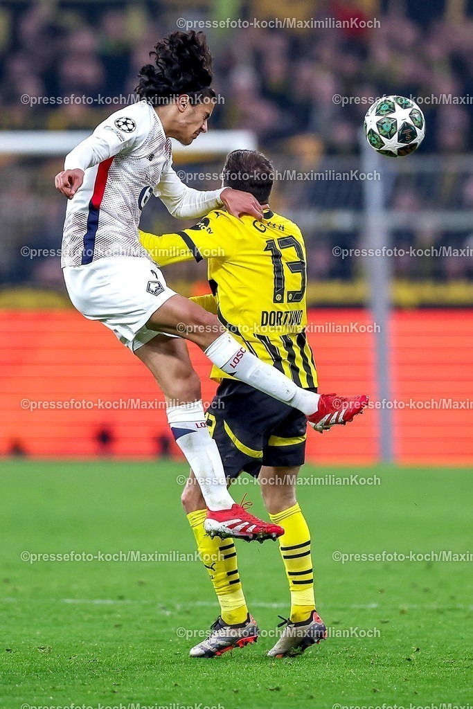 UCL04032501049 | 04.03.2025, Fußball, UEFA Champions League, Borussia Dortmund - OSC Lille, Signal Iduna Park, Runde der 16, Saison 2024 2025: Ayyoub Bouaddi (LOSC Lille #32) im Zweikampf gegen Pascal Groß (BVB #13)