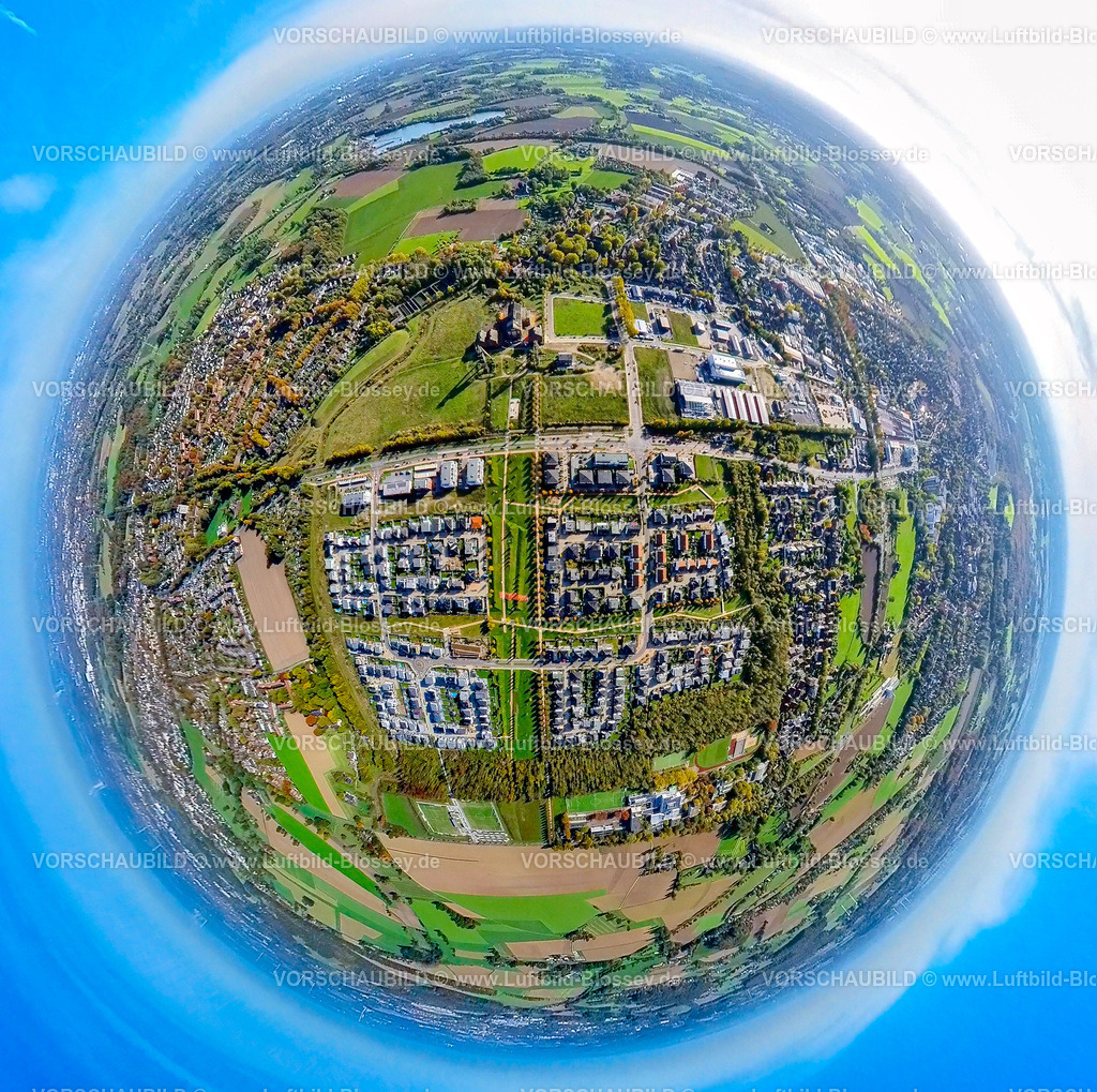 neukirchen-Vluyn20221006_3 | Luftbild, Wohnquartier Niederberg, Neubaugebiet Dicksche Heide, Fisheye Aufnahme, Fischaugen Aufnahme, 360 Grad Aufnahme, Neukirchen, Neukirchen-Vluyn, Fisheyeaufnahme, Ruhrgebiet, Nordrhein-Westfalen, Deutschland