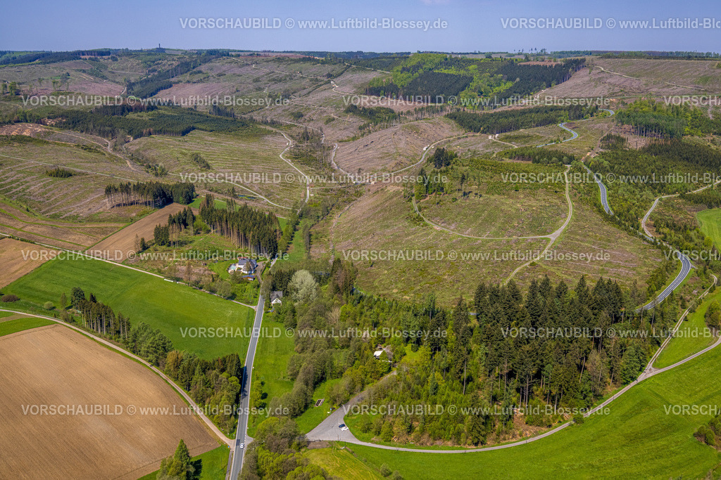 Bestwig230501261 | Luftbild, Waldgebiet mit Waldschäden nördlich von Nuttlar, Altes Forsthaus Am Roh an der Landesstraße L776, Bestwig, Sauerland, Nordrhein-Westfalen, Deutschland