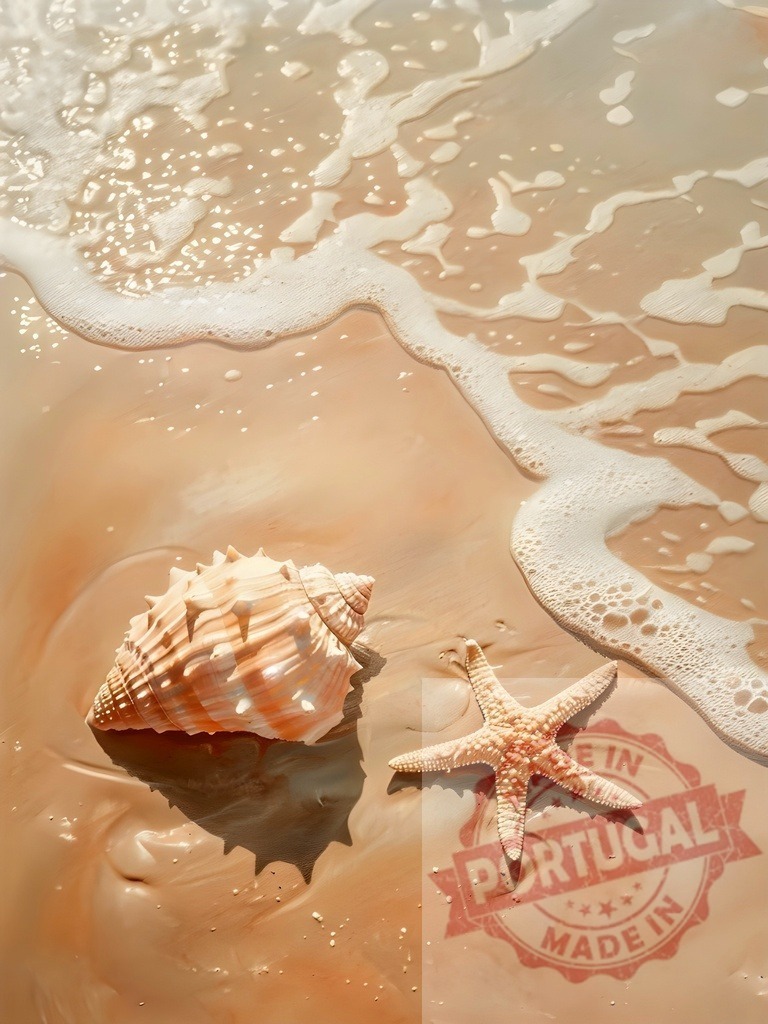 Seashell and starfish on beach sand with ocean wave | Seashell and starfish resting on wet sand as ocean wave washes ashore - Realized with Pictrs.com