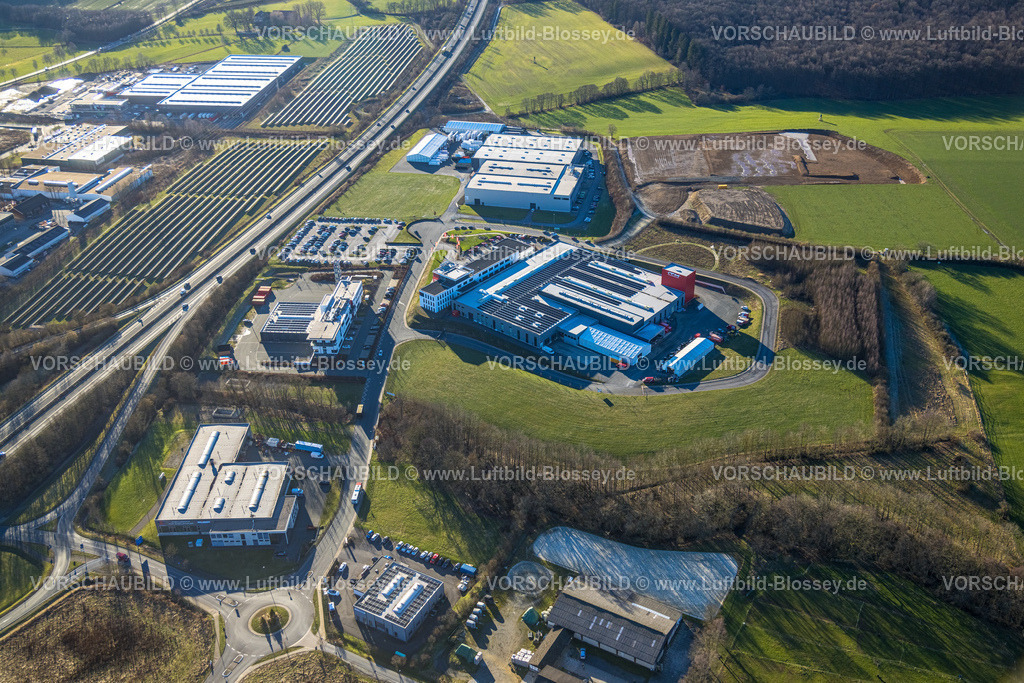 Meschede230206046 | Luftbild, Gewerbegebiet Enste Nord, an der Autobahn A46, Solarpark, Enste, Meschede, Sauerland, Nordrhein-Westfalen, Deutschland