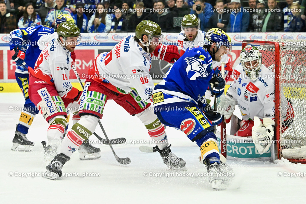 EC VSV vs. HC Bozen 16.2.2024 | #19 McClure Brad, #90 Di Perna Dylan, #62 Tyler Steenbergen, #38 Harvey Sam, EC VSV vs. HC Bozen 16.2.2024, EC VSV vs. HC Bozen 16.2.2024 am 16.02.2024 in Villach (Stadthalle Villach), Austria, (Photo by Bernd Stefan)