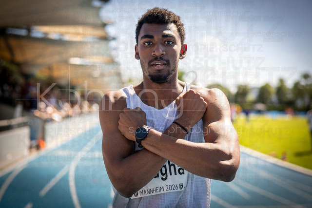 Juniorengala 2026; Mannheim, 13.06.2026 | MANNHEIM, GERMANY - JUNE 13, 2026 : Akira Eghagha (SUI/Switzerland) wins the men’s U20 100m run during the Juniorengala 2026 at Michael-Hoffmann-Stadion on June 13, 2026 in Mannheim, Germany.