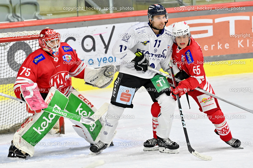 EC KAC Future Team vs. Die Adler Kitzbühl 7.10.2023 | #75 Kropiunig Ralf EC KAC FUTURE TEAM, #11 Hochfilzer Henrik EC Kitzbühel, #65 Malle Michael EC KAC FUTURE TEAM, EC KAC Future Team vs. Die Adler Kitzbühl 7.10.2023, EC KAC Future Team vs. Die Adler Kitzbühl am 07.10.2023 in Klagenfurt (Messehalle Klagenfurt), Austria, (Photo by Bernd Stefan)