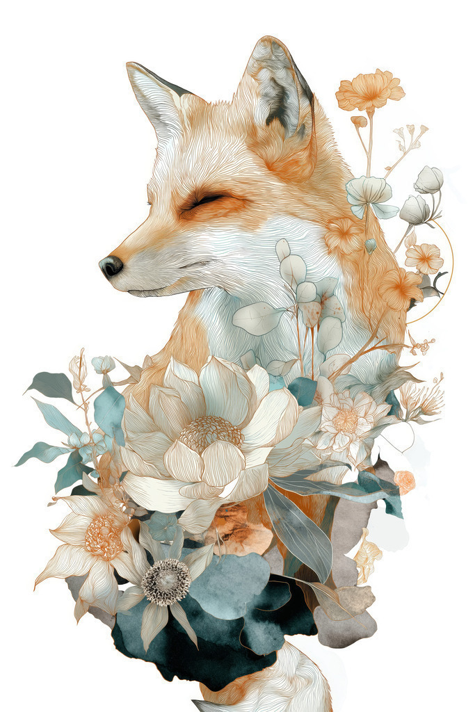 2504019 - Fuchs im Blütenzauber | Verträumtes Tierportrait mit floralen Elementen – moderner Kunstdruck mit Fuchs und Blüten. Perfekt für Naturliebhaber:innen und ruhige Wohnräume.