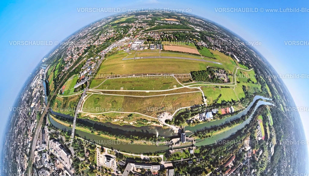 Hamm250808904FlugplatzHammLippewiesen_EDLH | Luftbild, Flugplatz Hamm Lippewiesen EDLH, Kläranlage Hamm Mattenbecke, Fluss Lippe und Datteln-Hamm-Kanal, Erdkugel, Fisheye Aufnahme, Fischaugen Aufnahme, 360 Grad Aufnahme, tiny world, little planet, fisheye Bild, Stadtbezirk Heessen, Hamm, Ruhrgebiet, Nordrhein-Westfalen, Deutschland