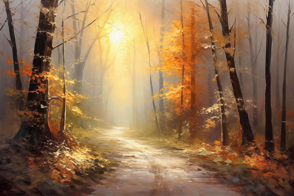 2312023 - Waldweg im Herbst | Wunderschöne Lichstimmung in einem herbstlichen Wald im Stil eines Gemäldes.