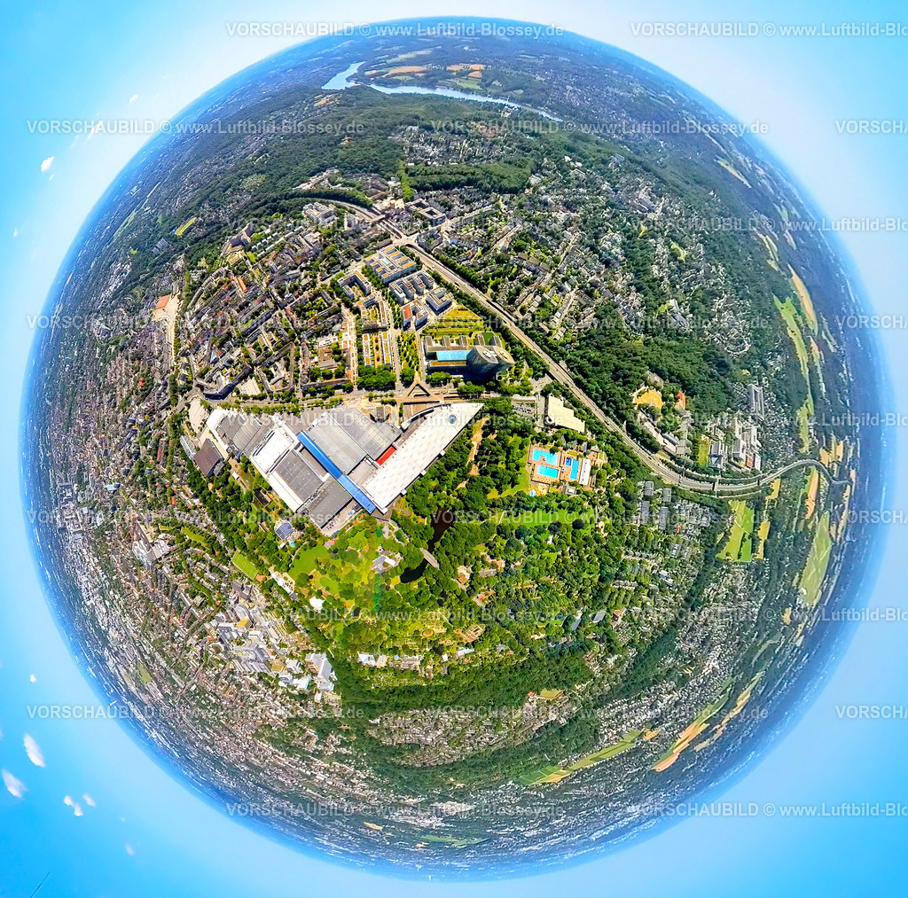 Essen230790080_MesseEssen | Luftbild, Messe Essen, Grugahalle und Grugapark, Autobahn A52, Erdkugel, Fisheye Aufnahme, Fischaugen Aufnahme, 360 Grad Aufnahme, tiny world, Rüttenscheid, Essen, Ruhrgebiet, Nordrhein-Westfalen, Deutschland