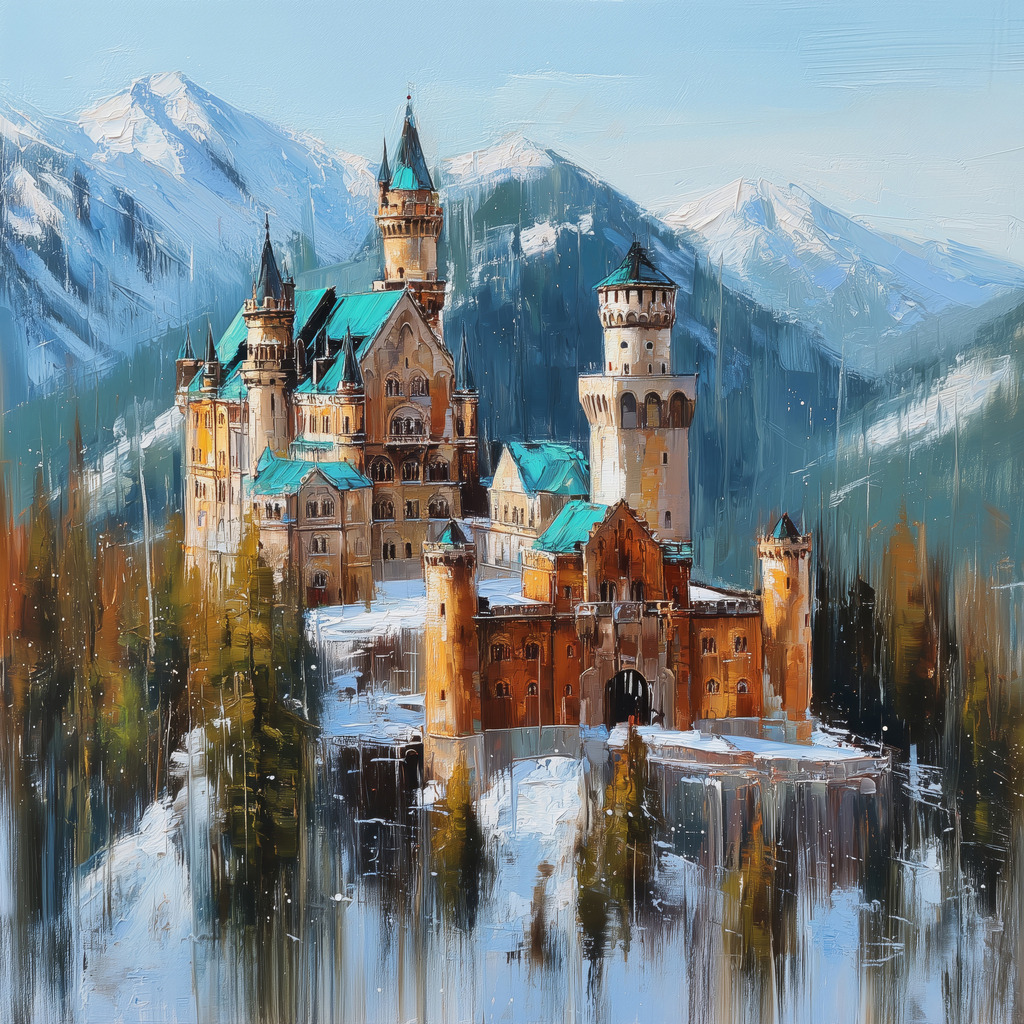 2602025 - Neuschwanstein im Winter | Blick auf das Schloss Neuschwanstein im Stil eines Gemäldes.