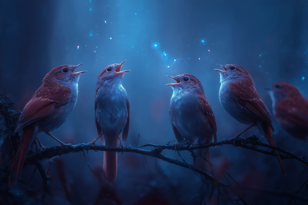 2602036 - Magische Singvögel | Eine nächtliche Szene in tiefem Blau, in der Vögel wie ein kleiner Chor miteinander singen.