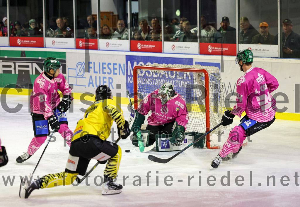 2025-10-10_046_TSV_Erding_gegen_onesto_Tigers_Bayreuth | Erding, Deutschland, 10.10.2025:Eishockey, Oberliga Süd 2025 / 2026, 7. Spieltag, TSV Erding gegen onesto Tigers Bayreuth, Endergebnis: 2:5Mark Waldhausen (Erding Gladiators, #27), Torwart Leon Meder (Erding Gladiators, #39), Bastian Cramer (Erding Gladiators, #34)Foto: Christian Riedel / fotografie-riedel.net