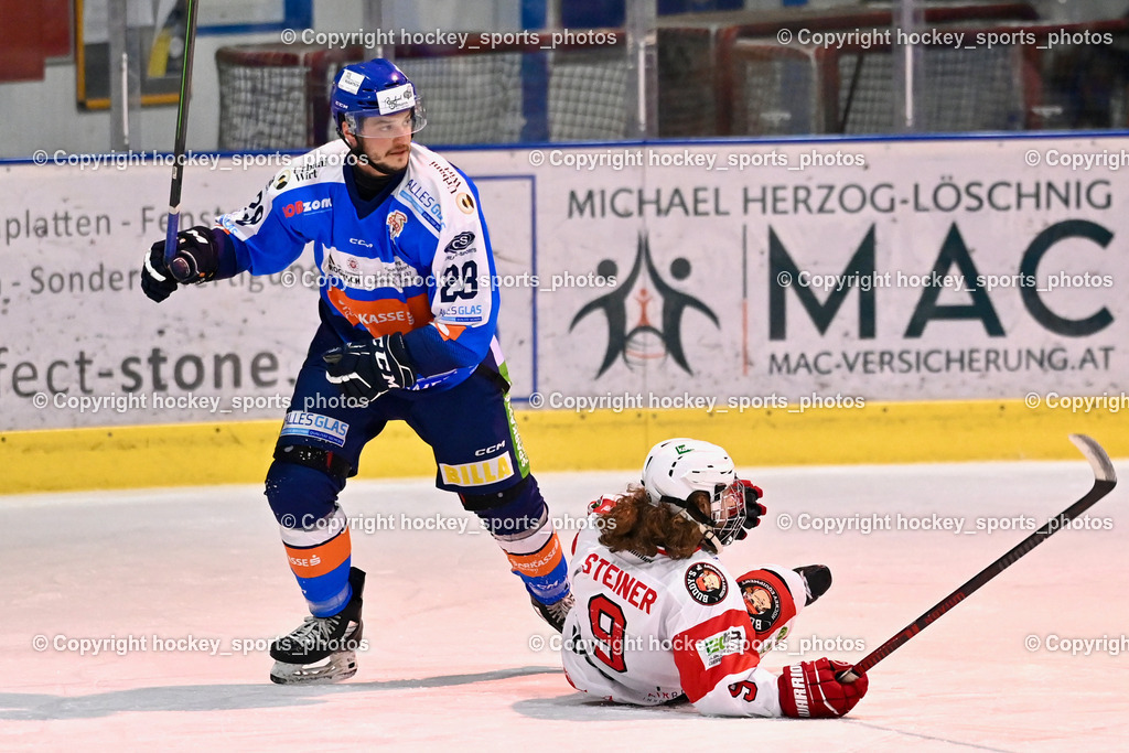 ESC Steindorf vs. ESV Ferlach  | #28 Bacher Stefan ESC Steindorf, #9 Steiner Markus ESV Ferlach, ESC Steindorf vs. ESV Ferlach , ESC Steindorf vs. ESV Ferlach  am 15.02.2026 in Steindorf (Ossiachersee Halle), Austria, (Photo by Bernd Stefan)
