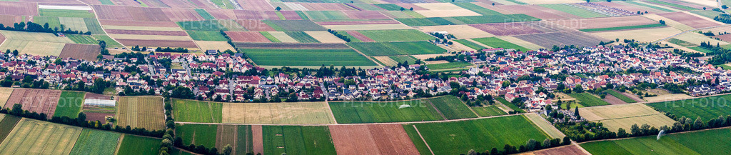Luftbild: Panorama - Perspektive Ortsansicht der Straßen und Häuser der Wohngebiete im Ortsteil Rödersheim in Rödersheim-Gronau im Bundesland Rheinland-Pfalz in Deutschland. Foto: IMG_69267-Bearbeitet.jpg vom 24.06.2014 durch Werner Riehm/FLY-FOTO.deAuflösung des Originals: 13859 x 2940 px