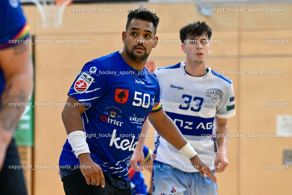 SC Ferlach vs. HC Linz AG 11.10.2023 | #50 GONZALEZ-MARTINEZ Adonis SC Ferlach, #33 BÖHM Elmar HC LINZ, SC Ferlach vs. HC Linz AG 11.10.2023, SC Ferlach vs. HC Linz AG am 11.10.2023 in Ferlach (Ballspielhalle Ferlach), Austria, (Photo by Bernd Stefan)