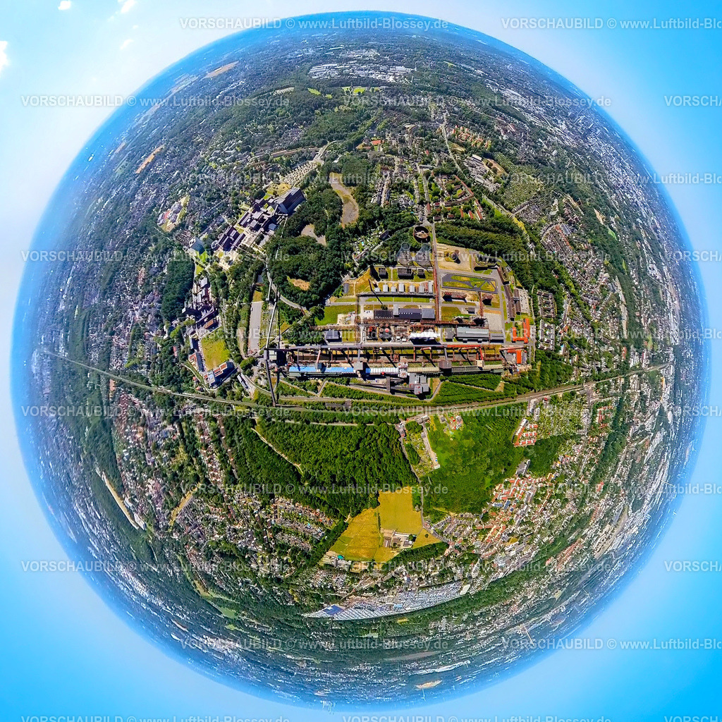 Essen230790063_ZecheZollverein | Luftbild, Zeche Zollverein, Unesco-Welterbe, Erdkugel, Fisheye Aufnahme, Fischaugen Aufnahme, 360 Grad Aufnahme, tiny world, Stoppenberg, Essen, Ruhrgebiet, Nordrhein-Westfalen, Deutschland