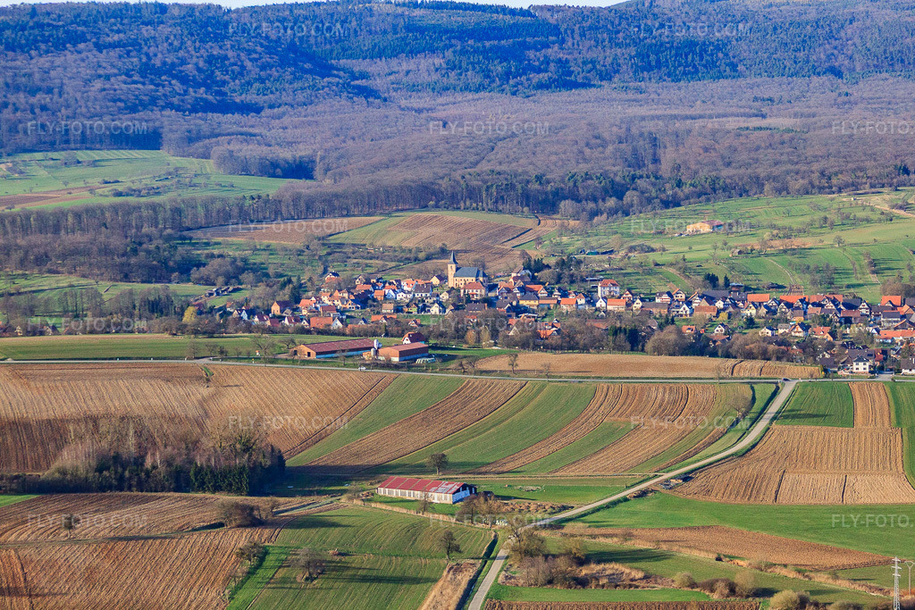 Aerial view: View of the town from the south in Preuschdorf in the state Bas-Rhin, France. – Photo: IMG_38726.jpg taken on 03/20/2011 by Werner Riehm/FLY-FOTO.com – Resolution of the original: 4752 x 3168 px