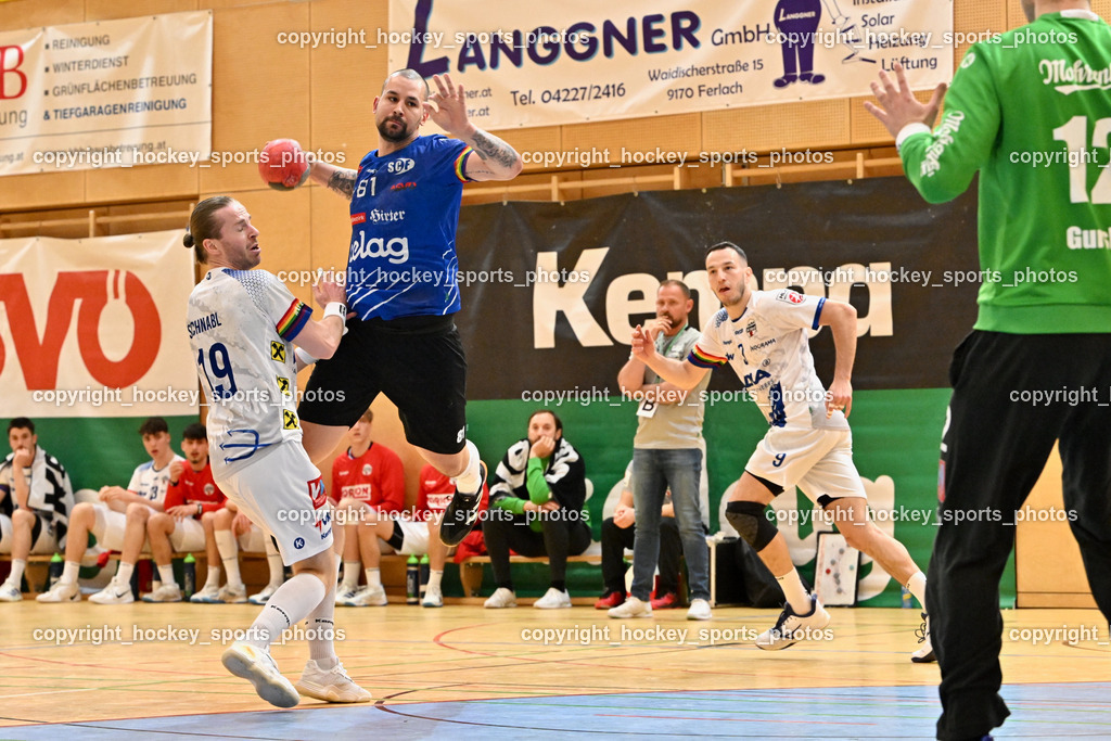 SC Ferlach vs. ALPLA HC Hard | #19 SCHNABL Nico SC Hard, #81 Milicevic Micha SC Ferlach, SC Ferlach vs. ALPLA HC Hard, SC Ferlach vs. ALPLA HC Hard am 05.04.2025 in Ferlach (Ballspielhalle Ferlach), Austria, (Photo by Bernd Stefan)