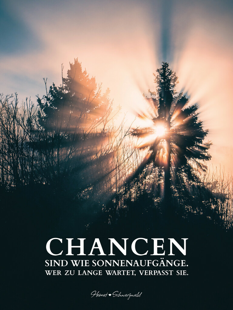 Edition “MOTIVATION” | Spruch: CHANCEN SIND WIE SONNENAUFGÄNGE. WER ZU LANGE WARTET, VERPASST SIE. Die Edition “MOTIVATION” bringt den Spirit des Schwarzwaldes zu Ihnen nach Hause. Wählen Sie Ihren Lieblingsspruch aus zehn unterschiedlichen Varianten. Perfekt für Ihr eigenes Zuhause oder als Geschenk für heimatverliebte Freunde.
 - Realisiert mit Pictrs.com