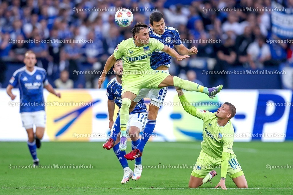 S0401082501028 | 01.08.2025, Fußball, FC Schalke 04 - Hertha BSC, 1.Spieltag, 2. Fußball Bundesliga, Veltins-Arena Gelsenkirchen, Saison 2025 2026: Michal Karbownik (Hertha BSC #33) und Michael Cuisance (Hertha BSC #10) im Zweikampf gegen  Amin Younes (Schalke04 #08) DFB regulations prohibit any use of photographs as image sequences and or quasi-video.