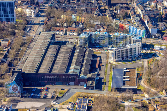 Bochum250301514 | Luftbild, Jahrhunderthalle und Baustelle TRIUM Business Campus Bochum, Baustelle mit Neubau neben der Jahrhunderthalle, Kruppwerke, Bochum, Ruhrgebiet, Nordrhein-Westfalen, Deutschland