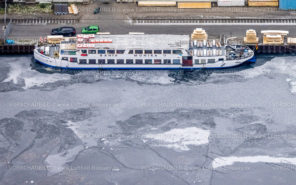 Dortmund221202046-2 | Luftbild, Zugefrorener Hafen Dortmund, Fahrgastschiff Santa Monika II, Hafen, Dortmund, Ruhrgebiet, Nordrhein-Westfalen, Deutschland