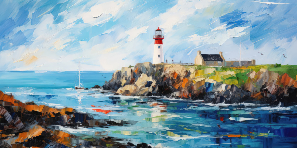 2601024 - Leuchtturm an der Küste | Ein Leuchtturm an einer englischen Küstenlandschaft im Stil eines Gemäldes.