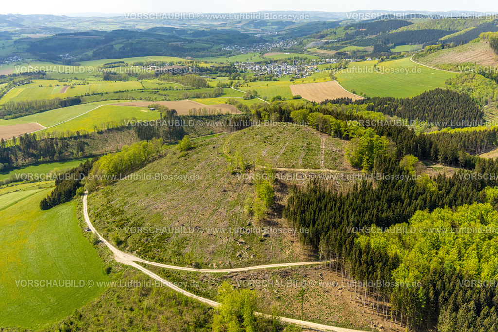 Schmallenberg240505715 | Luftbild, Hügellandschaft Mischwald Waldgebiet mit Waldschäden, Kalamitätsflächen,   Massenvermehrung von tierischen und pflanzlichen Schädlingen in Pflanzenkulturen, hinten Ortsteil Holthausen, Niedersorpe, Schmallenberg, Sauerland, Nordrhein-Westfalen, Deutschland