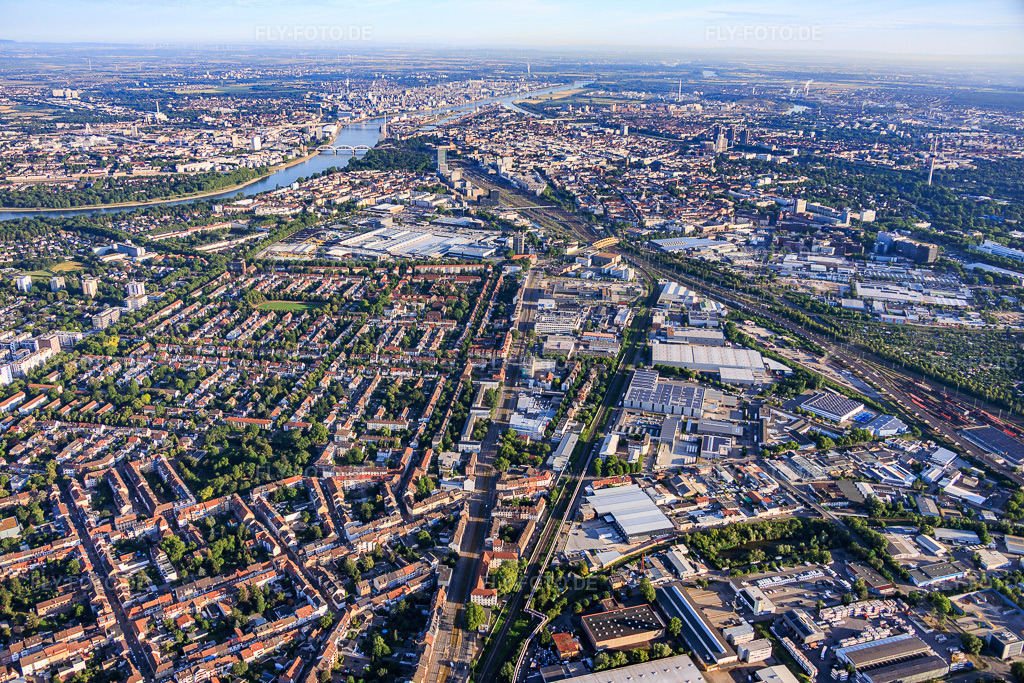 Luftbild: Stadtteilübersicht aus Südosten bis zum Rheinufer am Lindenhof im Ortsteil Almenhof in Mannheim im Bundesland Baden-Württemberg in Deutschland. – Foto: IMG_157219.jpg vom 18.06.2026 durch Werner Riehm/FLY-FOTO.de – Auflösung des Originals: 6000 x 4000 px