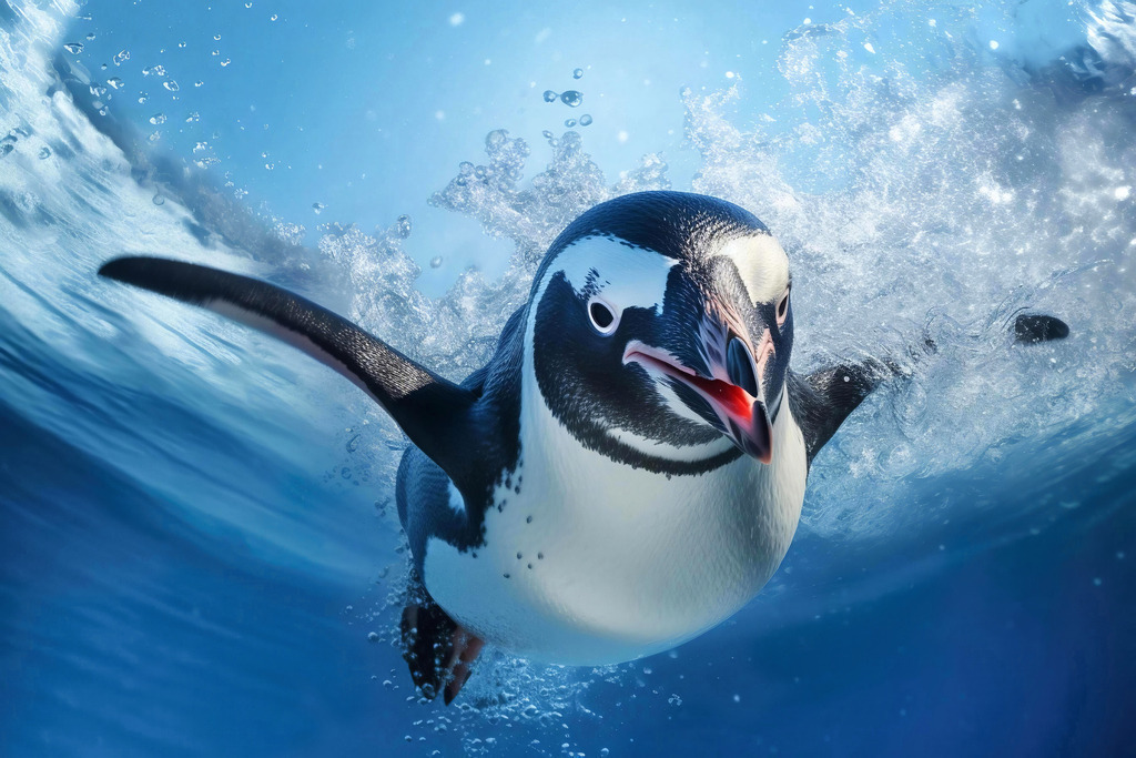 2401016 - Tauchender Pinguin | Ein ins Wasser tauchender Pinguin, ein fotorealistisch anmutendes Motiv.