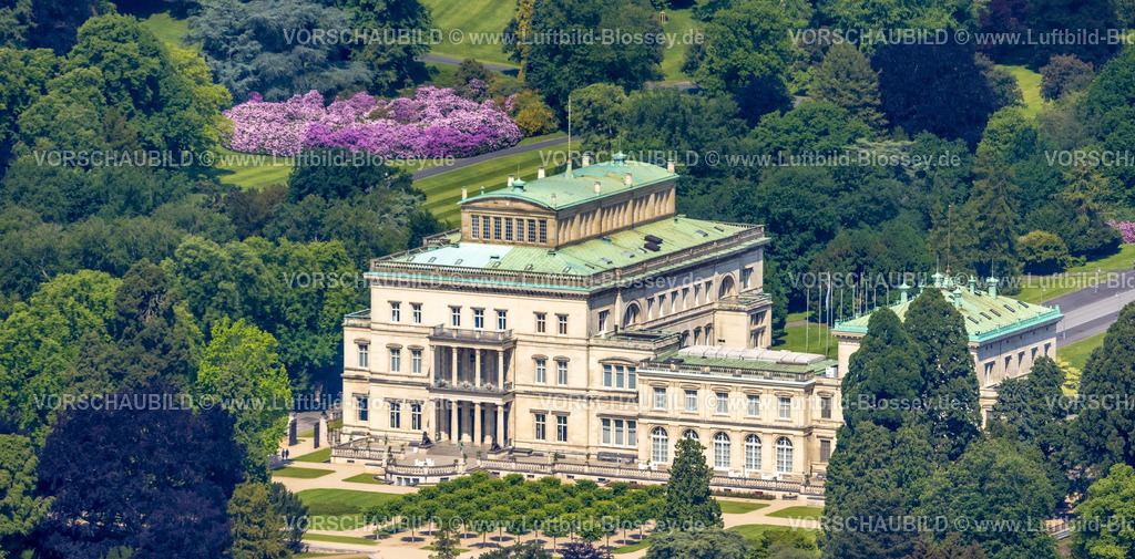 Essen220502655 | Luftbild, Villa Hügel und Rhododendronblüte im Park, ehemaliges Wohnhaus und Repräsentationshaus der Industriellenfamilie Krupp, Essen-Bredeney, Essen, Ruhrgebiet, Nordrhein-Westfalen, Deutschland