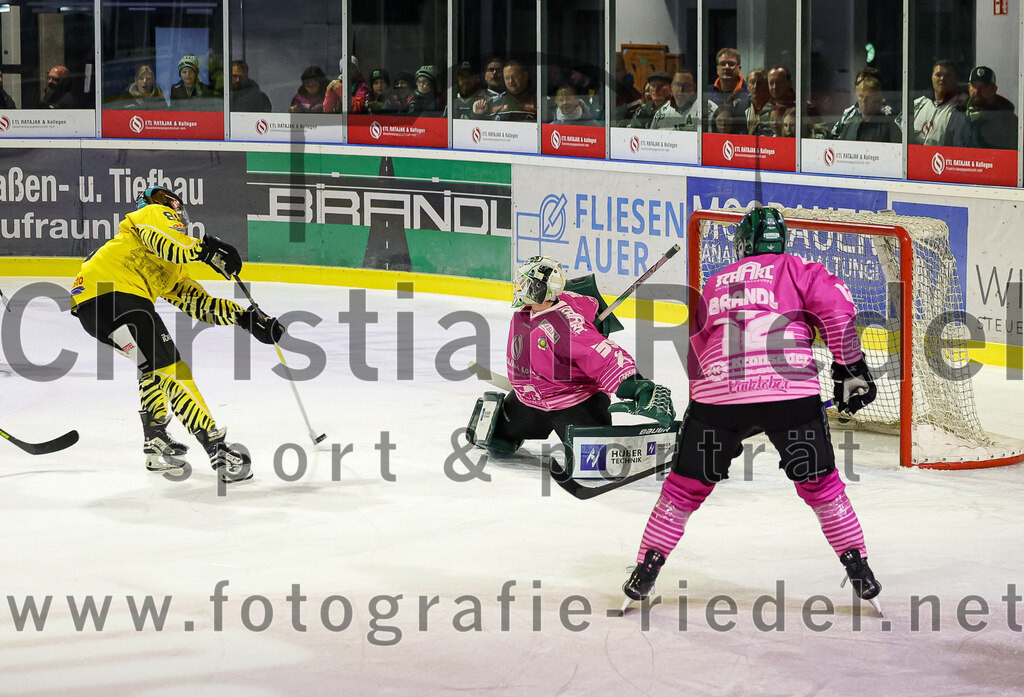 2025-10-10_071_TSV_Erding_gegen_onesto_Tigers_Bayreuth | Erding, Deutschland, 10.10.2025:Eishockey, Oberliga Süd 2025 / 2026, 7. Spieltag, TSV Erding gegen onesto Tigers Bayreuth, Endergebnis: 2:5Kyle Bollers (onesto Tigers Bayreuth, #88), Torwart Leon Meder (Erding Gladiators, #39), Thomas Brandl (Erding Gladiators, #12)Foto: Christian Riedel / fotografie-riedel.net