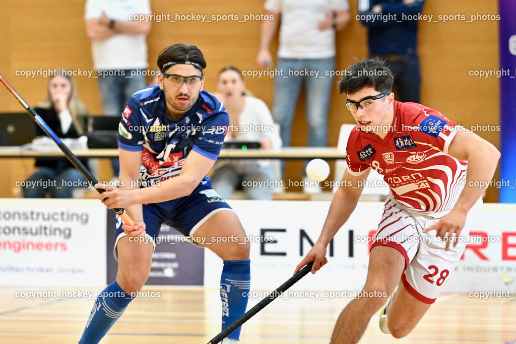VSV Unihockey vs. KAC Floorball | #30 Christoph Steiner VSV Unihockey, #28 Gabriel Lekas KAC Floorball, VSV Unihockey vs. KAC Floorball, VSV Unihockey vs. KAC Floorball am 12.04.2025 in Villach (Ballspielhalle St. Martin), Austria, (Photo by Bernd Stefan)