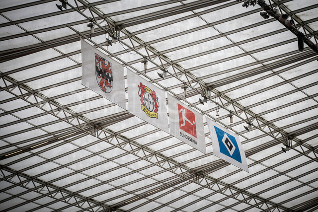 German Bundesliga, Bayer 04 Leverkusen vs. Hamburger SV, 16.05.2026 | LEVERKUSEN, GERMANY - MAY 16, 2026 :  The flags of both teams before the German Bundesliga match on gameday 34 between Bayer 04 Leverkusen vs. Hamburger SV at BayArena on May 16, 2026 in Leverkusen, Germany. DFL REGULATIONS PROHIBIT ANY USE OF PHOTOGRAPHS AS IMAGE SEQUENCES AND/OR QUASI-VIDEO.