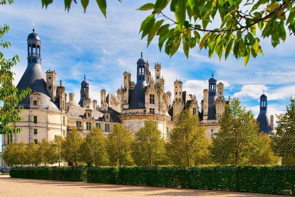 Frankreich - Blick auf Chateau de Chambord - Château de Chambord - im Loiretal | Schloss Chambord  (Château de Chambord) ist das größte Schloss des Loiretales in Frankreich. Es liegt ca. 15 Kilometer östlich von Blois in einem ausgedehnten früheren Jagdgebiet. Der Renaissancebau wurde in der ersten Hälfte des 16. Jahrhunderts unter König Franz I. als Prunk- und Jagdschloss bei Chambord errichtet und gilt als das prächtigste aller Loireschlösser. - Realisiert mit Pictrs.com
