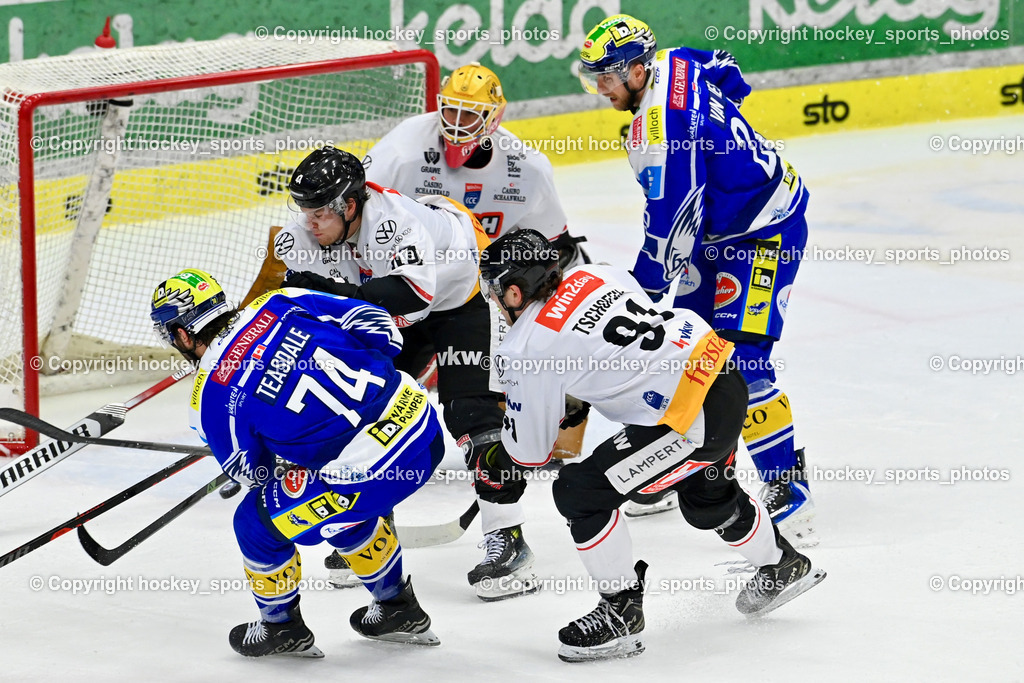 EC IDM Wärmepumpen VSV vs. Pioneers Vorarlberg | #74 Joel Teasdale EVC VSV, #91 Marlon Tschofen Pioneers Vorarlberg, #26 Guus van Nes EC VSV, #31 David Madlener Pioneers Vorarlberg, EC IDM Wärmepumpen VSV vs. Pioneers Vorarlberg, EC IDM Wärmepumpen VSV vs. Pioneers Vorarlberg am 22.02.2026 in Villach (Stadthalle Villach), Austria, (Photo by Bernd Stefan)