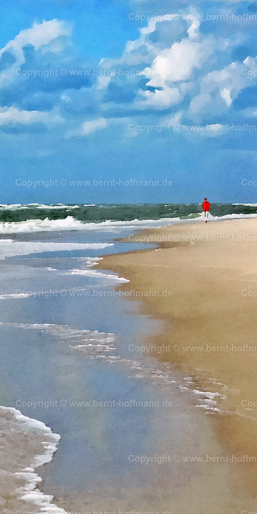 PDM2_Strandgaenger_60x120 | DIGITALKUNST. Strandgänger am Sylter Weststrand. Sommer am Meer mit typischem Nordsee- Wolkenhimmel. __ Formatvariation. Seitenverhältnis = 1 zu 2 - Realisiert mit Pictrs.com