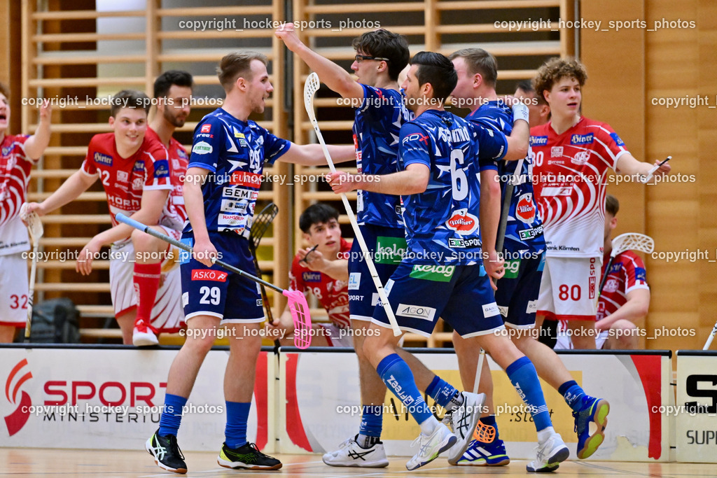 VSV Unihockey vs. KAC Floorball | Jubel VSV Unihockey, VSV Unihockey vs. KAC Floorball, VSV Unihockey vs. KAC Floorball am 12.04.2025 in Villach (Ballspielhalle St. Martin), Austria, (Photo by Bernd Stefan)
