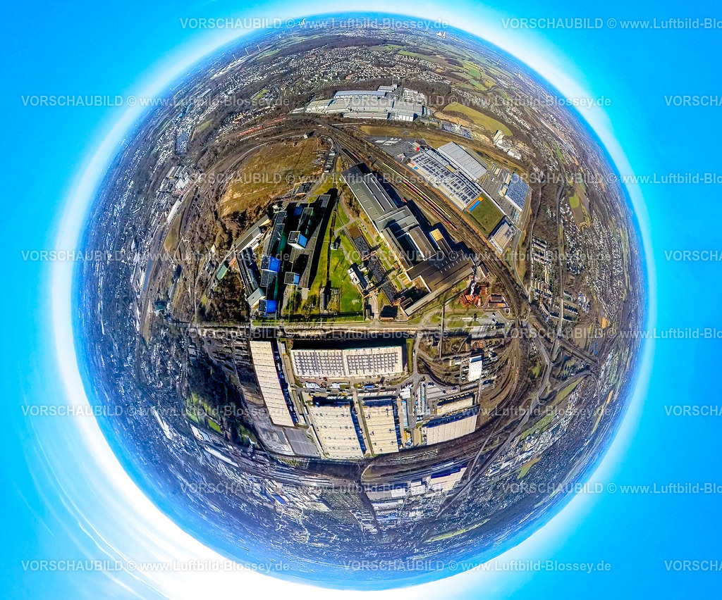Dortmund240190138ThyssenKrupp Steel | Luftbild, Hoesch Areal Westfalenhütte Gewerbegebiet, thyssenkrupp Steel Werksgelände, Gleisanlagen und Güterzüge, Rewe Logistik und Kaufland Logistik Warenlager, Amazon und Decathlon Logistik Warenlager, Erdkugel, Fisheye Aufnahme, Fischaugen Aufnahme, 360 Grad Aufnahme, tiny world, little planet, fisheye Bild, Borsigplatz, Dortmund, Ruhrgebiet, Nordrhein-Westfalen, Deutschland