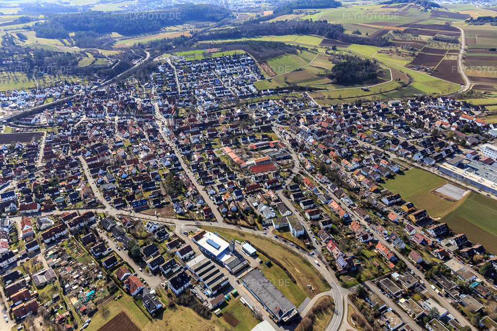 Luftbild: Ortsansicht aus Osten im Ortsteil Malmsheim in Renningen im Bundesland Baden-Württemberg in Deutschland. Foto: IMG_124882.jpg vom 20.02.2021 durch Werner Riehm/FLY-FOTO.de